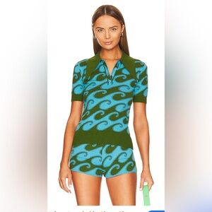 JOOSTRICOT Palm Blue Aqua Green Wave Pattern Polo Shirt & shorts Sz small